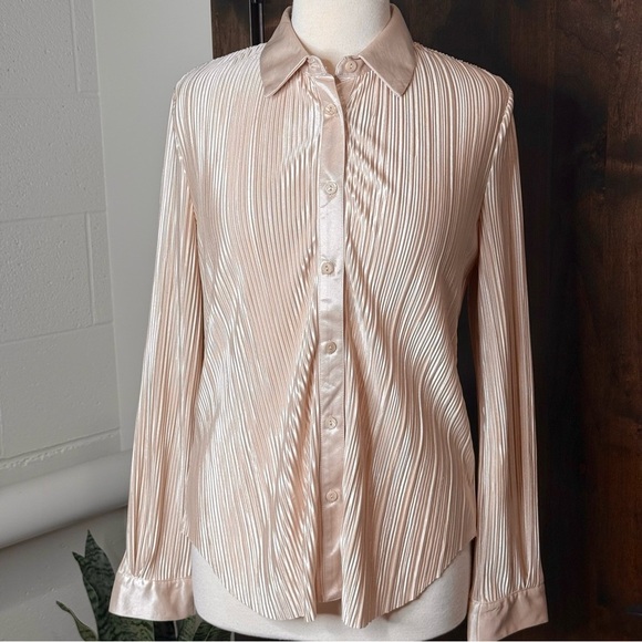 SOLD Pink rose gold satin pleated Long Sleeve Button Down blouse with Collar - Picture 1 of 7